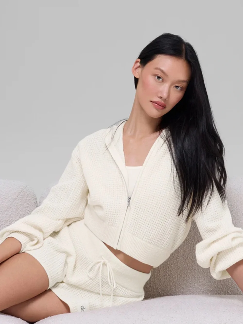 ALO YOGA Cashmere Plush Waffle Full Zip Hoodie Ivory White XS NWOT Luxury